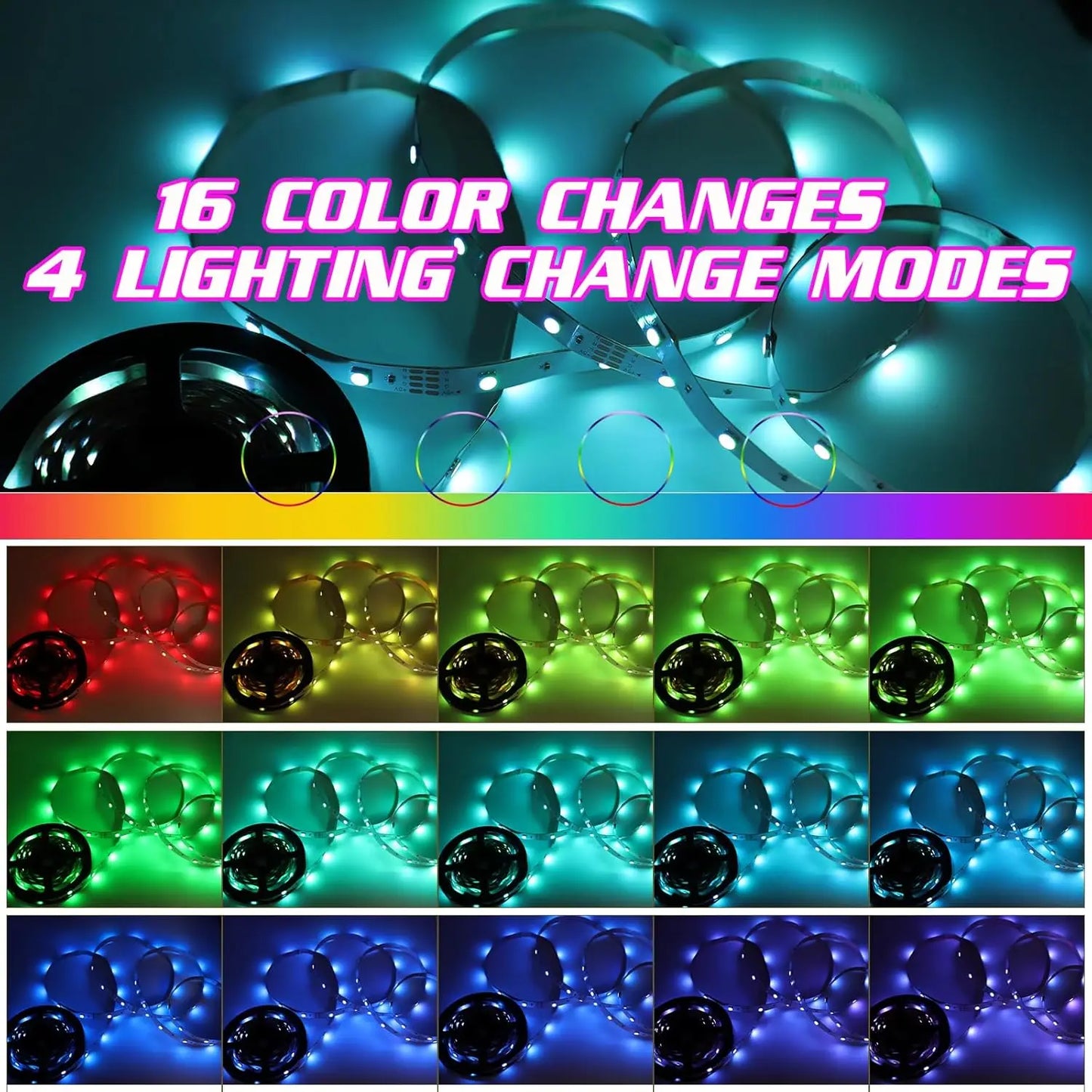 RGBLED strip, suitable for bedroom, intelligent color-changing light with remote control, adjustable color and brightness, flash